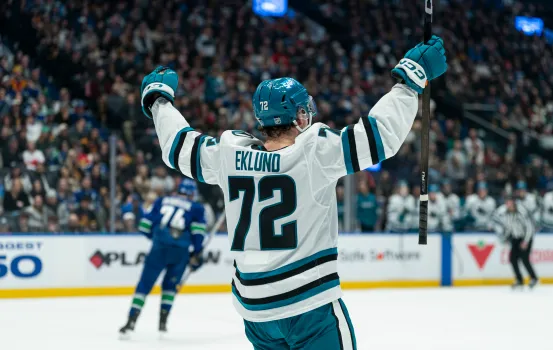 VANCOUVER, CANADA - DECEMBER 27: William Eklund #72 of the San Jose Sharks celebrates after scoring a goal against the Vancouver Canucks during the second period of NHL action at Rogers Arena on December 27, 2025 in Vancouver, Canada. (Photo by Rich Lam/Getty Images)