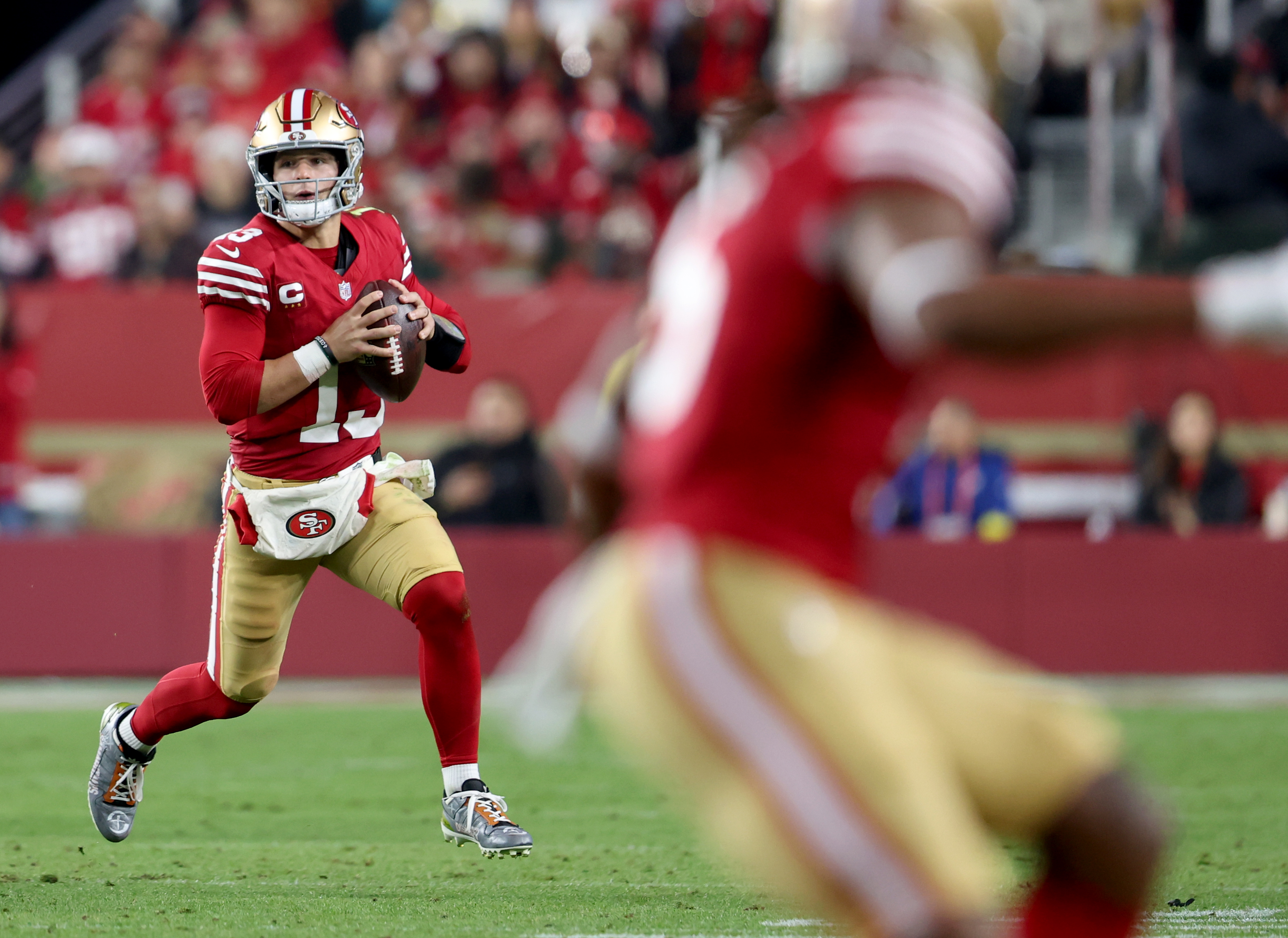 San Francisco 49ers quarterback Brock Purdy #13 looks to pass in the second quarter of their NFL game against the Carolina Panthers at Levi’s Stadium in Santa Clara, Calif., on Monday, Nov. 24, 2025. (Jane Tyska/Bay Area News Group)