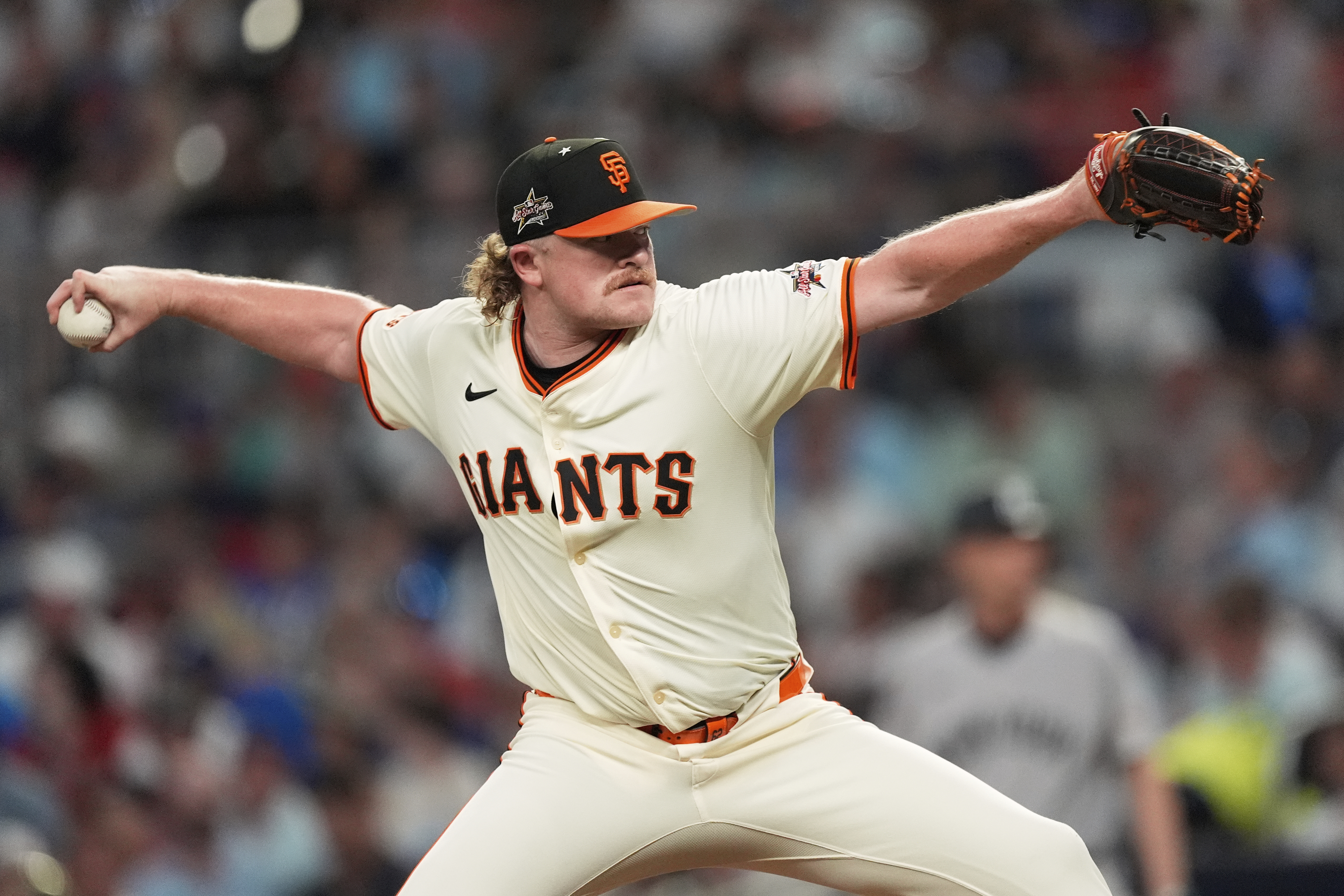 San Francisco Giants, pitcher Logan Webb throw during third inning at the MLB baseball All-Star game between the American League and National League, Tuesday, July 15, 2025, in Atlanta. (AP Photo/Mike Stewart)