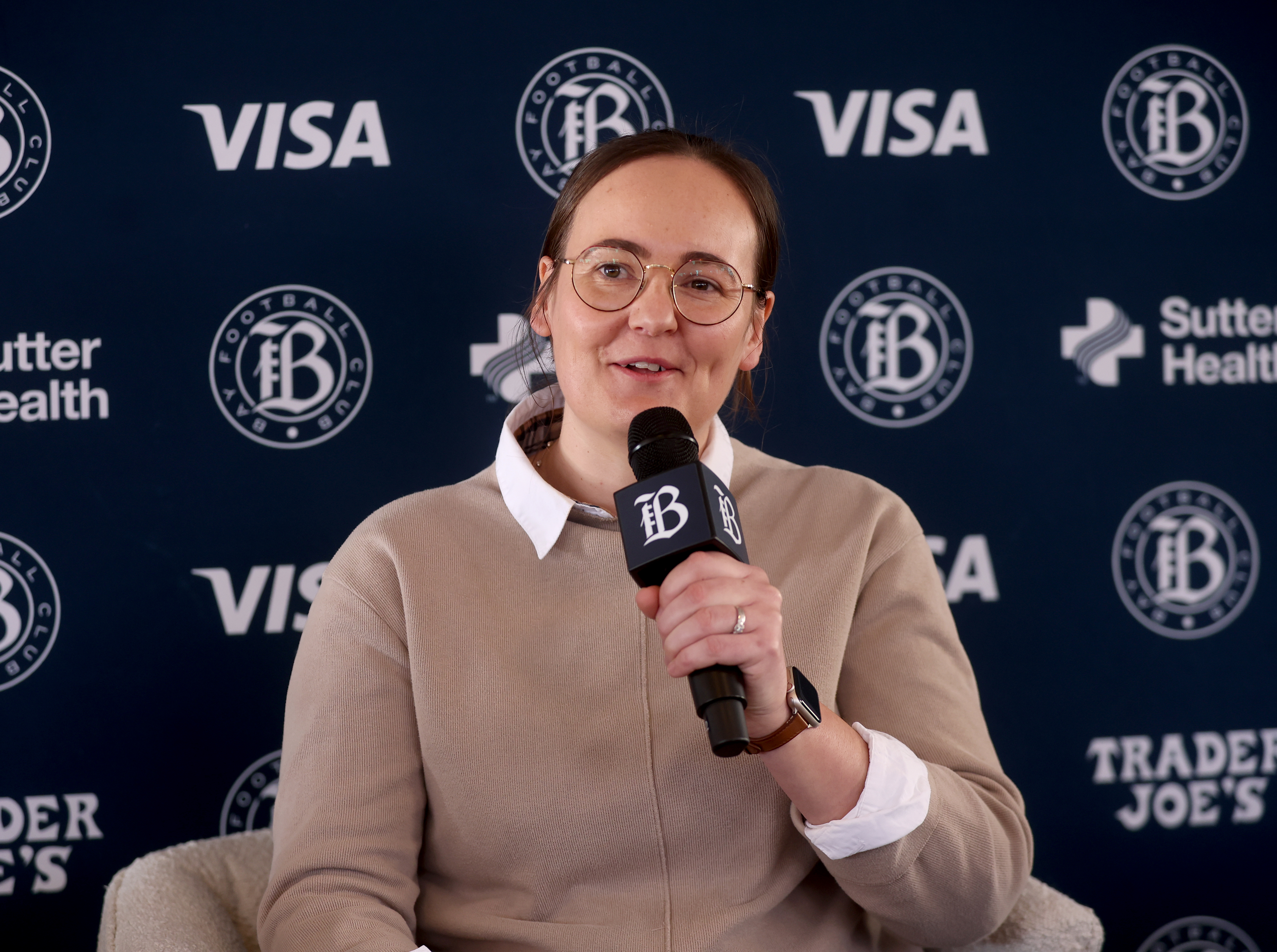 Bay FC’s new head coach Emma Coates speaks after being introduced during a press conference aboard the historic Klamath ferry in San Francisco, Calif., on Wednesday, Dec. 10, 2025. Coates will lead the professional female soccer team. (Jane Tyska/Bay Area News Group)