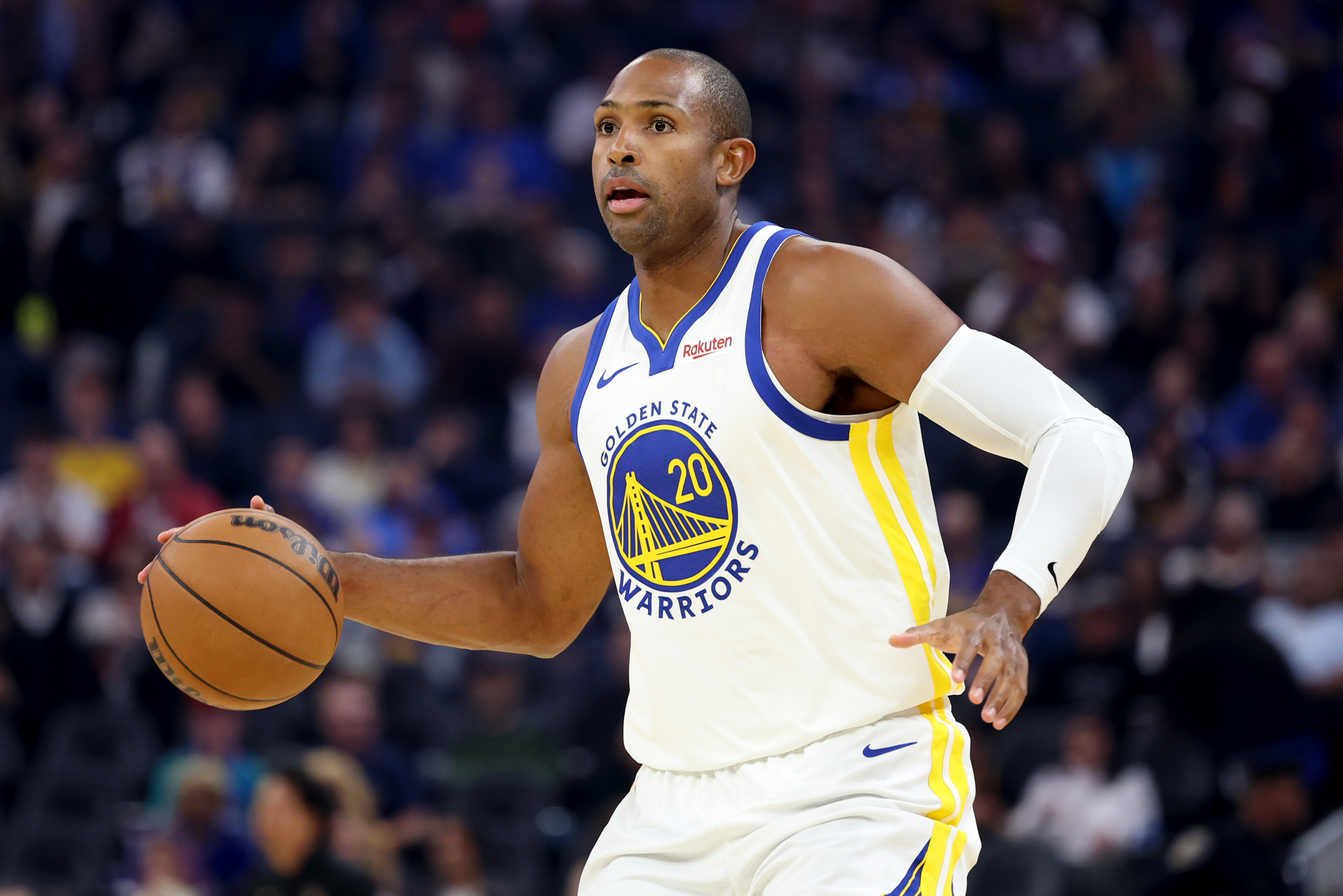 Golden State Warriors' Al Horford (20) dribbles as he looks to pass against the Portland Trail Blazers in the first quarter of an NBA preseason game at Chase Center in San Francisco, Calif., on Wednesday, Oct. 8, 2025. (Ray Chavez/Bay Area News Group)