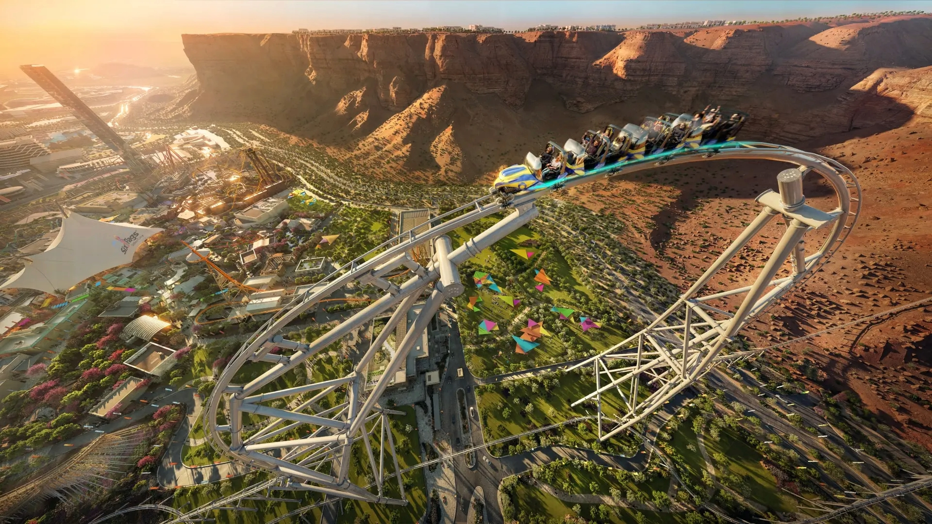 Concept art of the Falcon’s Flight coaster coming to Six Flags Qiddiya City in Saudi Arabia. (Courtesy of Six Flags)
