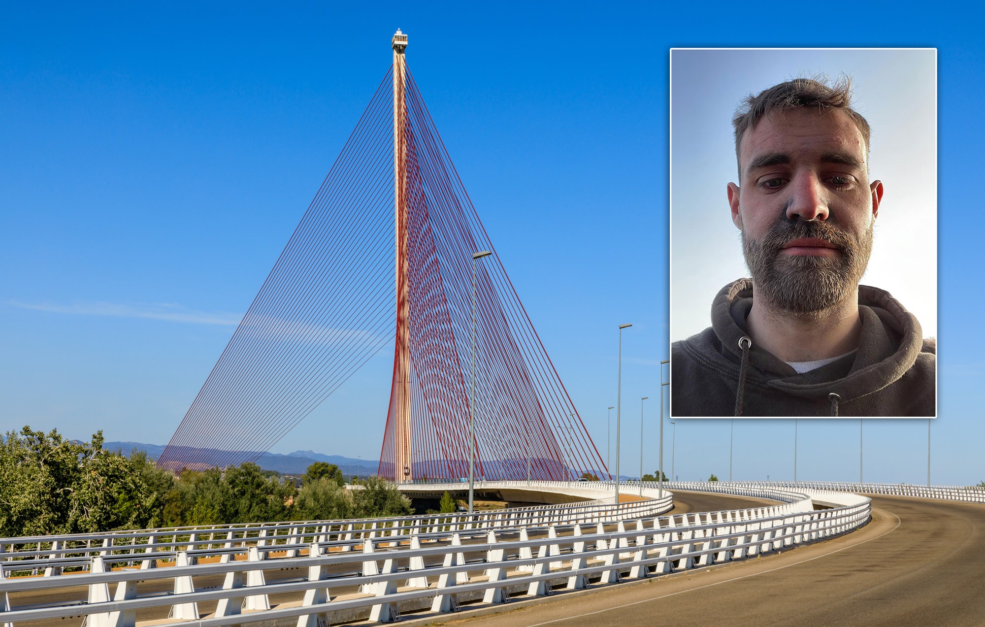 Lewis Stevenson (inset) died while trying to climb Spain's tallest bridge, the Castilla la Mancha Bridge. (Shutterstock; Facebook)