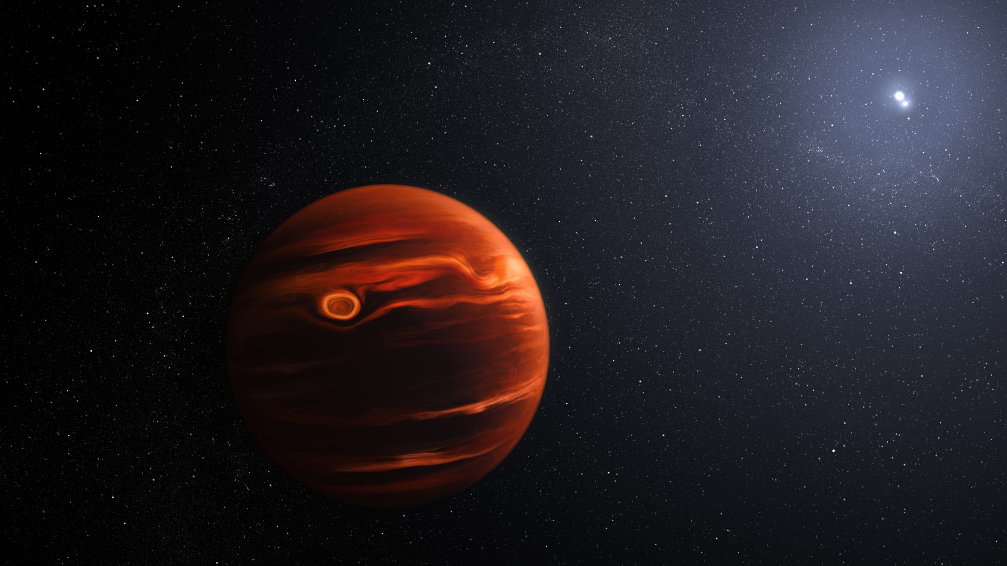 This 2023 illustration shows what astronomers expected exoplanet VHS 1256b might look like. Now, evidence from UCSC researcher Xi Zhang suggests the planet’s atmosphere is much more turbulent, with large dust clouds instead of the organized bands shown here. (Credit — NASA, ESA, CSA, Joseph Olmsted (STScI))
